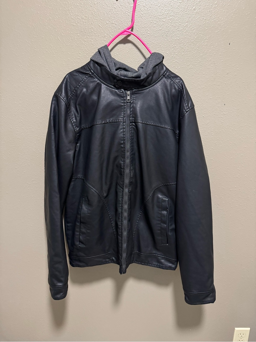 Ring of Fire Black Faux Leather Jacket with Gray Hood